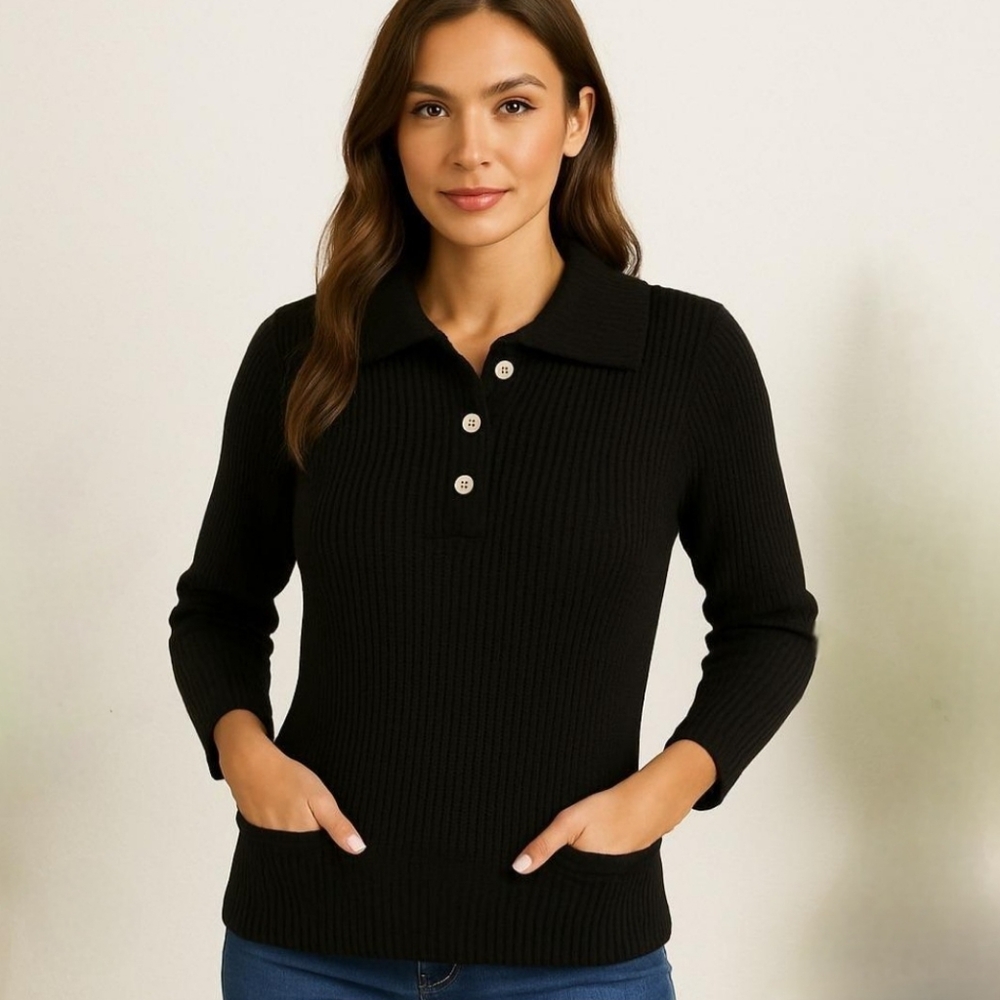 Lauren Jeans Co Knit Tunic Sweater Collared 3 Button Pocket Black Vintage Size L - Picture 2 of 8